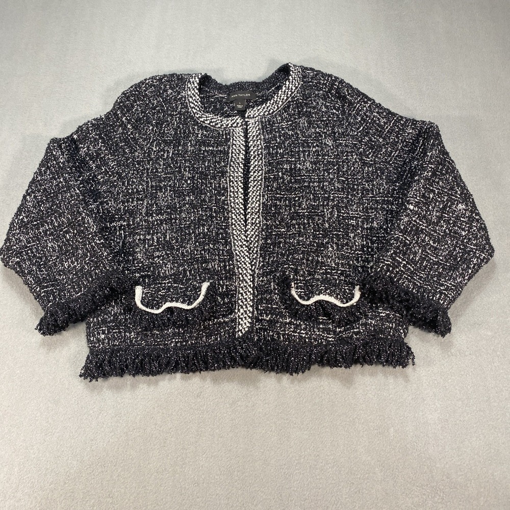Ann Taylor Women's Large Fringe Stitch Sweater Jacket Black Gray Silver